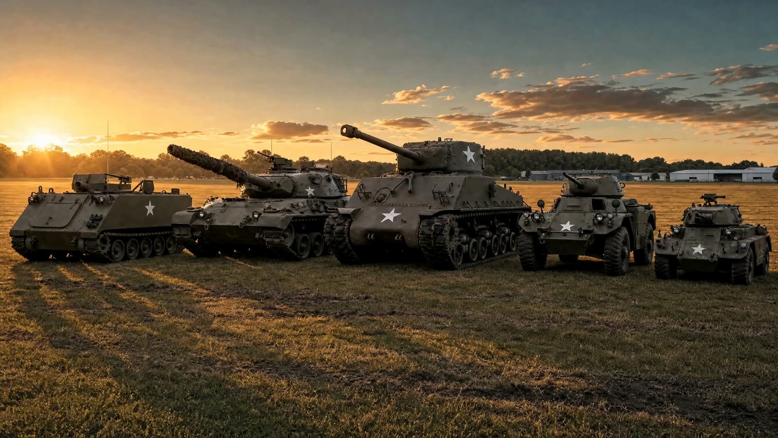 A line of Canadian-service vehicles posed on the museum's south field at golden hour, an M4A3E8 Sherman closing the formation with dust still hanging behind it.