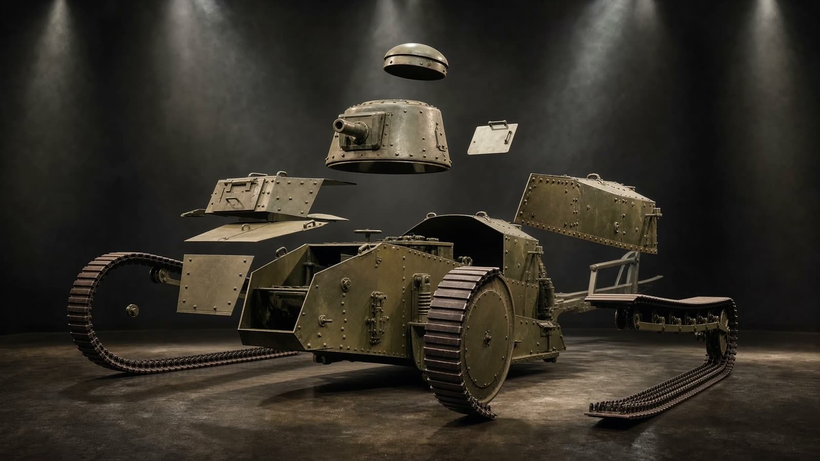 The museum's Renault M1917 light tank held apart in mid air, every component suspended in a dark studio.