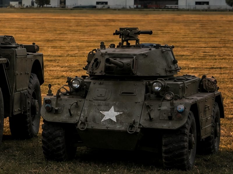 A Ferret Scout Car standing on the show field at golden hour, a white star on its hull side.