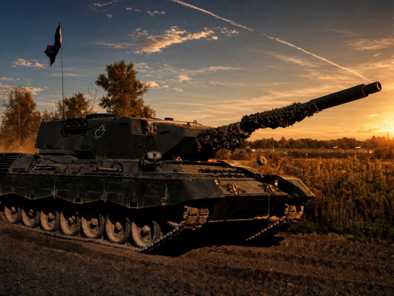 A Leopard 1 main battle tank on a dirt trail at golden hour, camouflage netting bound along its gun barrel.