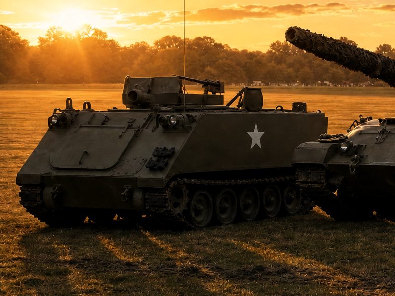 An M113 armoured personnel carrier on the show field at golden hour, a white star on its hull side and the sun low behind it.