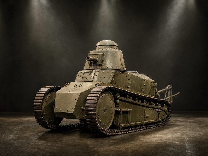 A Renault M1917 light tank on a dark studio floor, riveted hull plates, domed turret and tail skid.