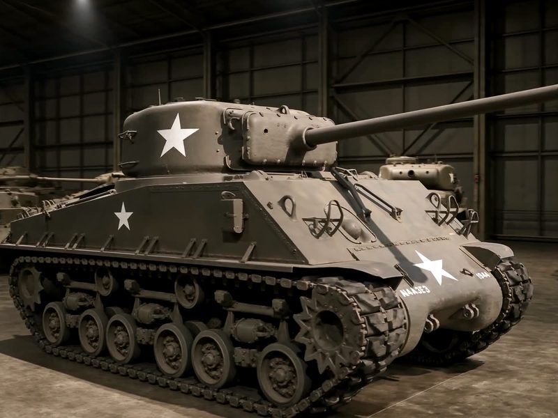 An M4A3E8 Sherman at three-quarter view on the hangar floor, white stars on the turret and hull, its gun running out of frame.