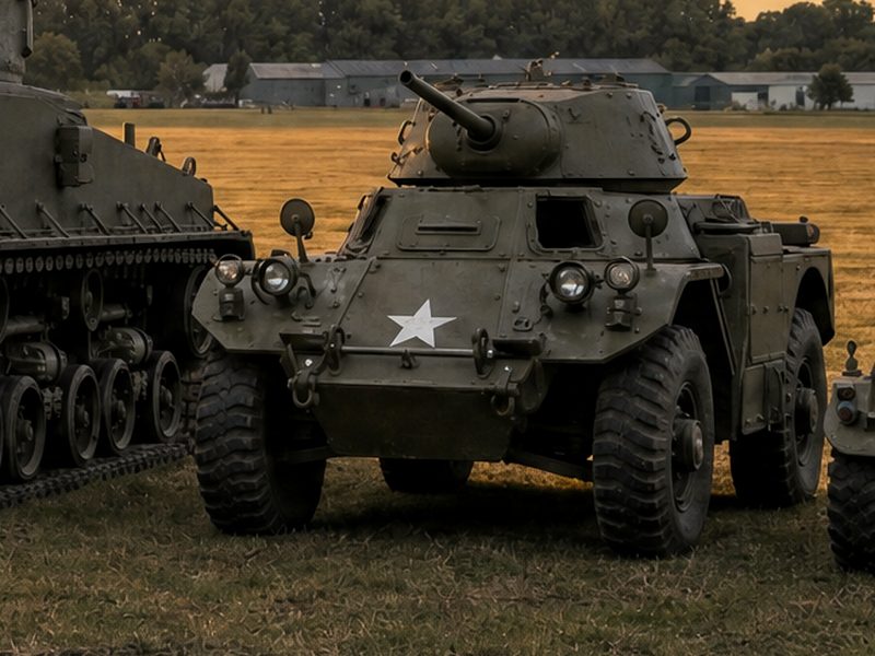 A T17E1 Staghound armoured car on the show field at golden hour, its turret gun over the left front wheel.