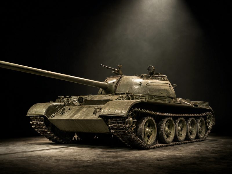 The museum's T-54 main battle tank lit from above in a dark studio, its gun traversed across the frame.