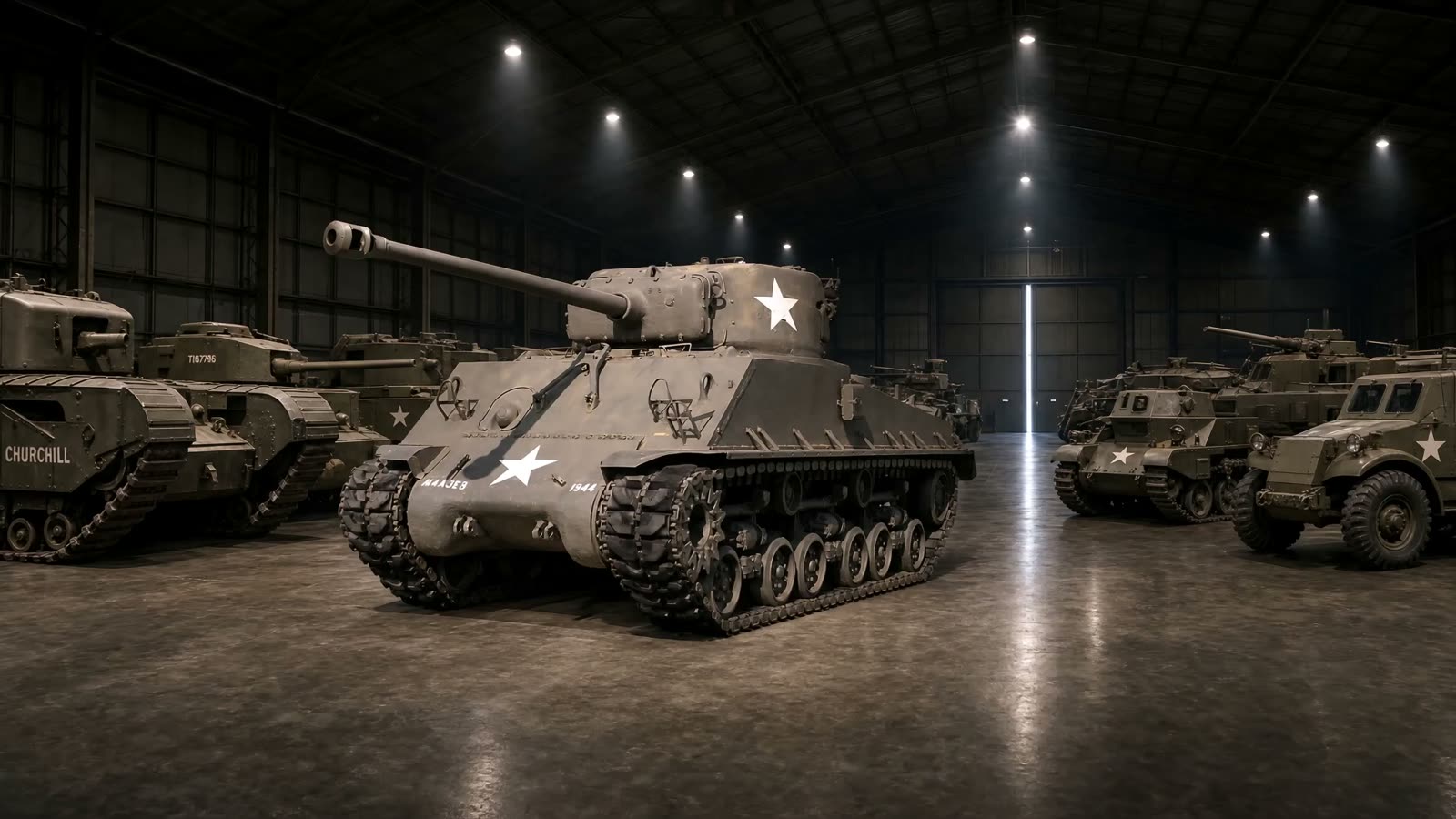 An M4A3E8 Sherman at three-quarter view in a hangar, gun barrel to the left, white stars on the turret and hull, with a formation of Second World War vehicles behind it.