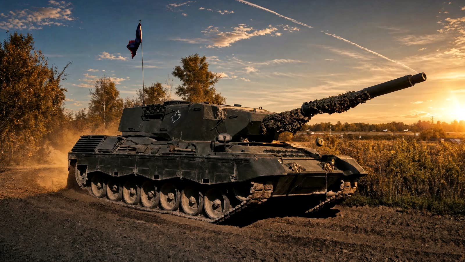 A Leopard C1 main battle tank on a dirt trail at golden hour, three-quarter view, backlit dust rising off its tracks.