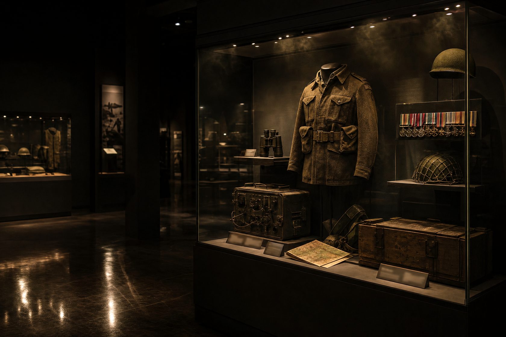 Lit display cases in a dark gallery holding a service uniform, medals on ribbon bars, helmets, a field radio and stencilled ammunition crates.