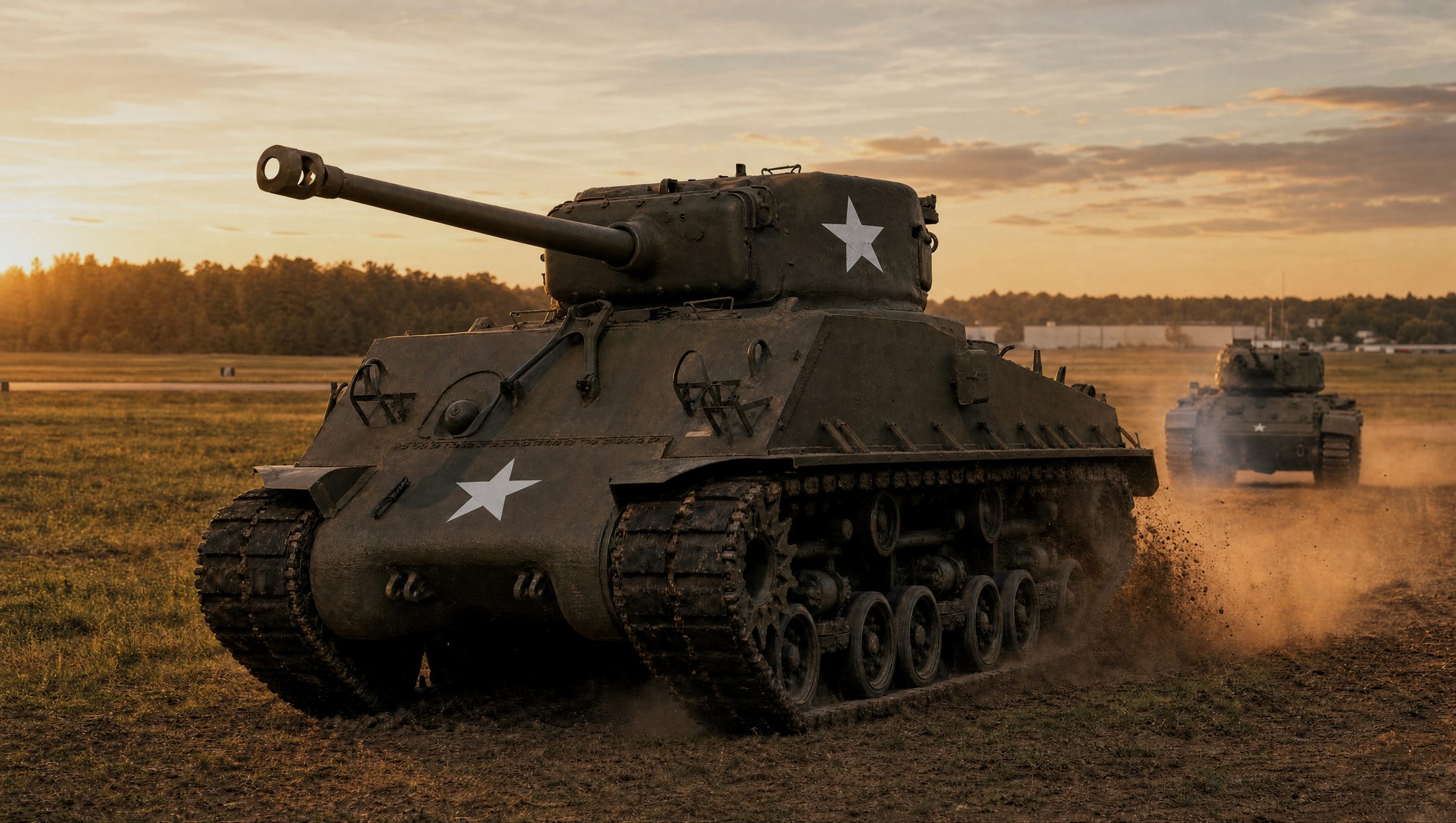 An M4A3E8 Sherman driving hard across the demonstration field at golden hour, dust off its tracks, a second vehicle running behind it.