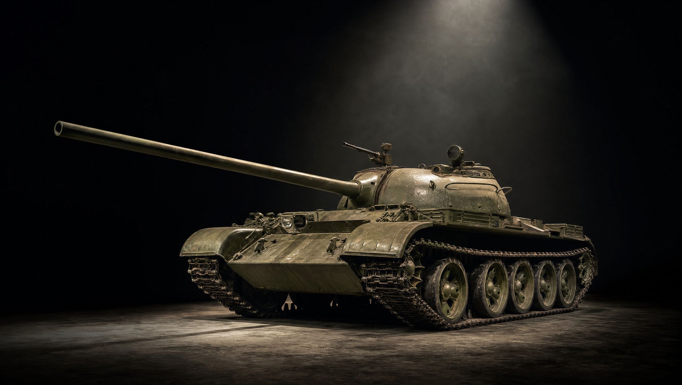 The museum's T-54 Soviet main battle tank, lit from above in a dark gallery, gun traversed to the left.